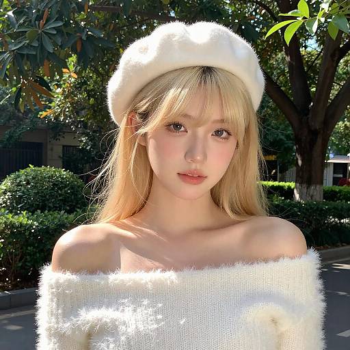 Blonde Woman in White Beret Outdoors