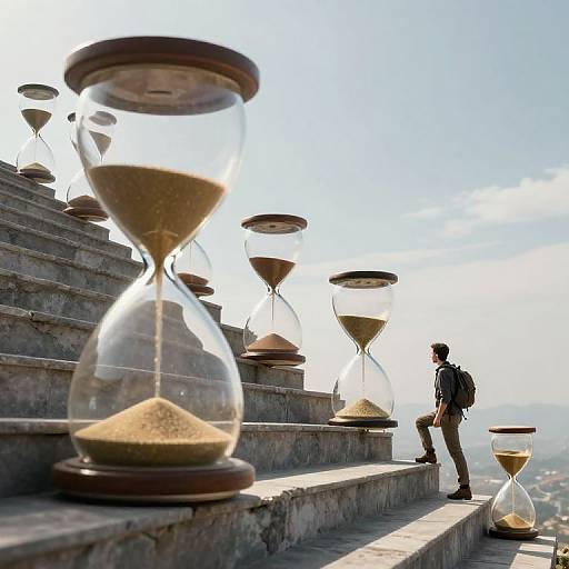 Photograph of a man with a backpack sitting on stone steps, gazing at a series of large, tilted hourglasses, under a bright sky