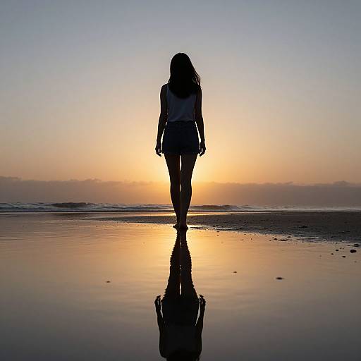 Silhouette Woman Beach Sunset Reflection