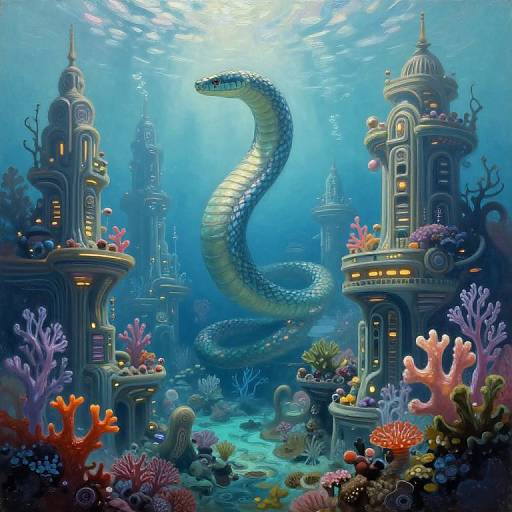 Digital artwork of a glowing blue snake coiled between underwater, illuminated, ancient-style towers surrounded by vibrant coral reefs and ocean plants.