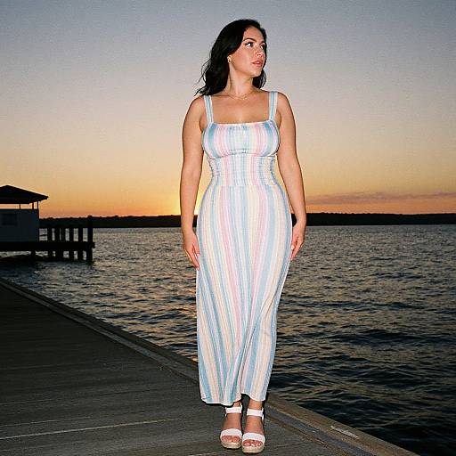 Photograph of a curvy woman with medium skin tone, wearing a sleeveless, striped white and blue dress, standing on a wooden pier at sunset