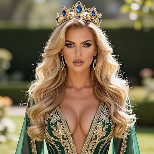 Blonde queen with voluminous curls, blue gemstone crown, deep green, gold-embroidered gown, plunging neckline, intense gaze,
