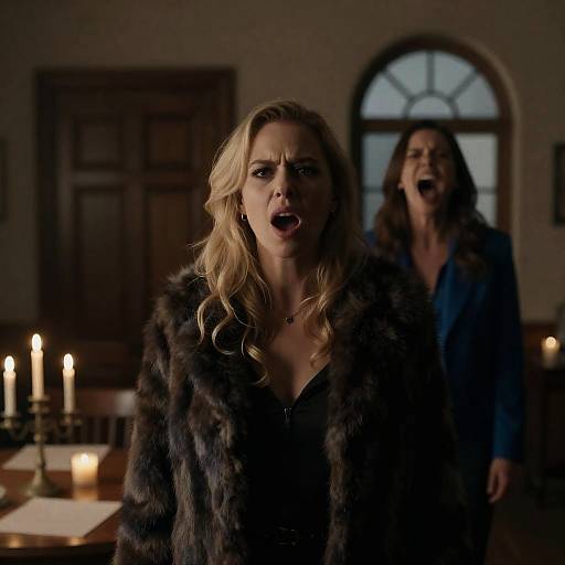 Two women expressing intense emotions indoors