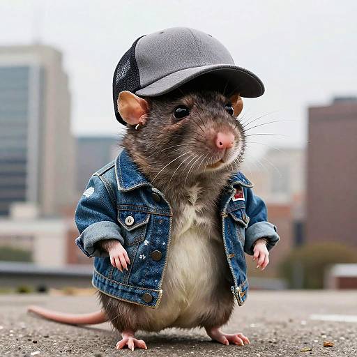 Photograph of a cute brown rat wearing a blue denim jacket and black cap, standing on a city rooftop with blurred buildings in the background.