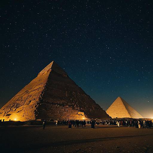 Photograph of two illuminated pyramids under a starry night sky, with a crowd of silhouetted visitors in front, highlighting ancient Egyptian architecture