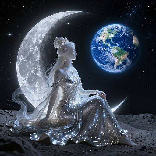 Digital art of a glowing, ethereal woman in a flowing, transparent dress, sitting on a moonlit asteroid, gazing at Earth.