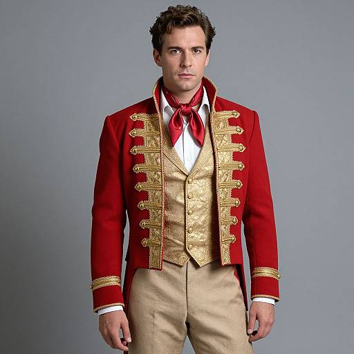 Photograph of a handsome man with short brown hair, wearing a red and gold military-style jacket, beige trousers, and red bow tie, standing against