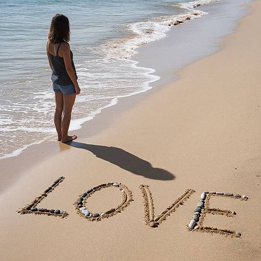 Photograph of a woman with brown hair in a black tank top and denim shorts, standing on a sunny beach, facing the ocean, with 