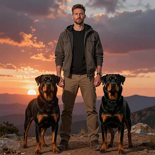 Man with Two Rottweilers at Sunset