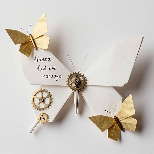 Photograph of a white geometric paper sculpture with gold butterflies, brass gears, and handwritten text 