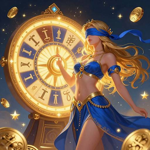 Digital artwork of a blonde, blindfolded woman in a blue, gold-trimmed, revealing outfit, standing before a glowing, ornate clock