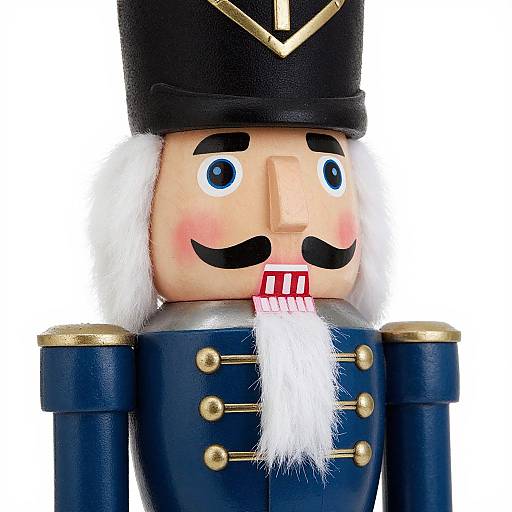 Photograph of a wooden nutcracker soldier with blue uniform, black hat, white beard, mustache, rosy cheeks, and gold buttons.