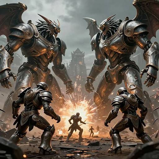 Digital art: Epic battle scene with two towering, armored, winged demons flanking a central, explosive confrontation between a silhouetted warrior and