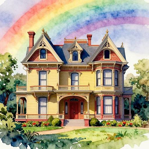 Vibrant Victorian Mansion Watercolor