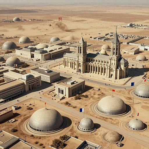 Aerial photograph of a desert city featuring a grand Gothic-style cathedral with two towers, surrounded by multiple white domed buildings and a sandy landscape.