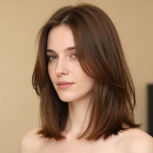 Photograph of a young Caucasian woman with fair skin and shoulder-length, dark brown, slightly wavy hair, gazing softly at the camera. Background