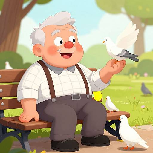 Cartoon image of a smiling, bald old man with white shirt, gray pants, and suspenders, feeding white pigeons on a park bench.