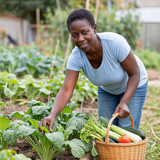 Photograph of a smiling African woman with short curly hair, wearing a white t-shirt and blue jeans, harvesting kale and holding a basket of vegetables in