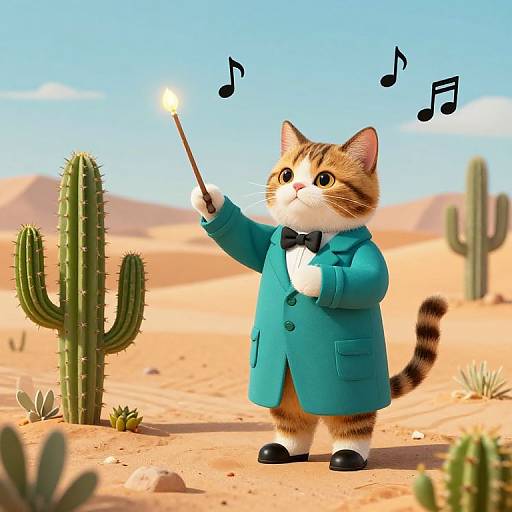 Cute cartoon calico cat in blue tuxedo and bow tie, holding a magic wand, singing in a desert with cacti.