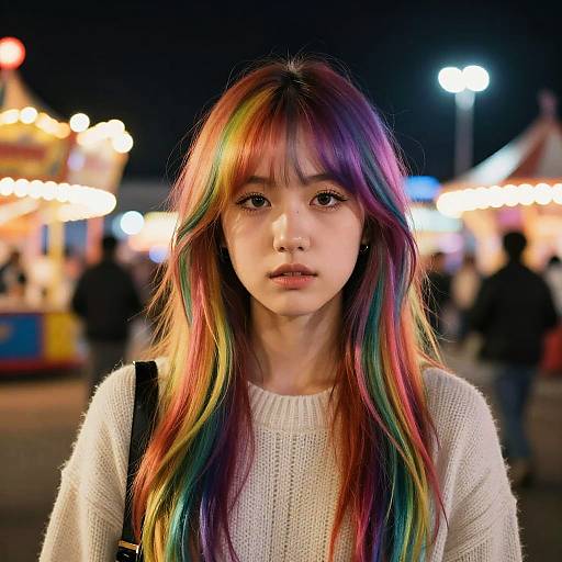 Photograph of an Asian woman with vibrant rainbow hair, wearing a white knit sweater, standing at a brightly lit nighttime carnival.
