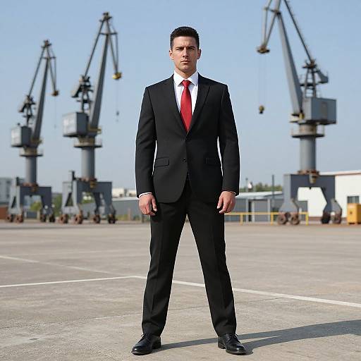 Confident man in suit in industrial yard