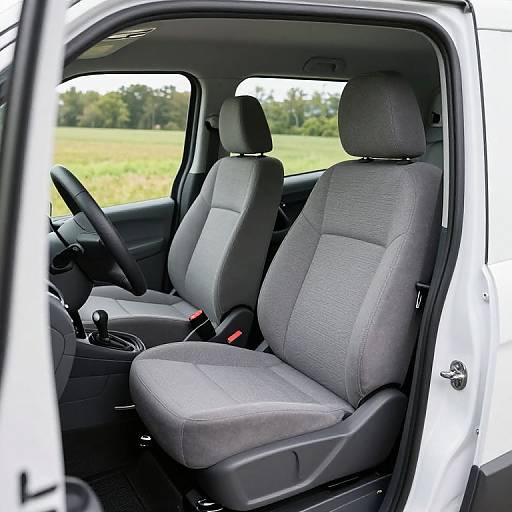 Photograph of a white van's interior showing two gray fabric-covered front seats, black steering wheel, and door frame; background shows a green field and