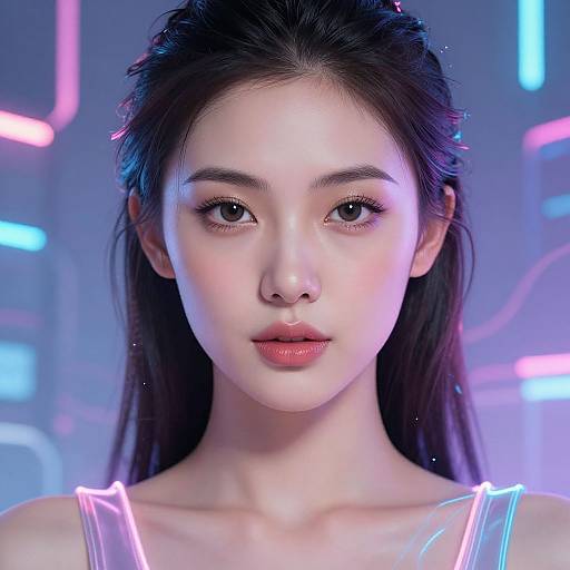 Digital portrait of an East Asian woman with fair skin, straight black hair, and neon-lit background, wearing a glowing, transparent top.