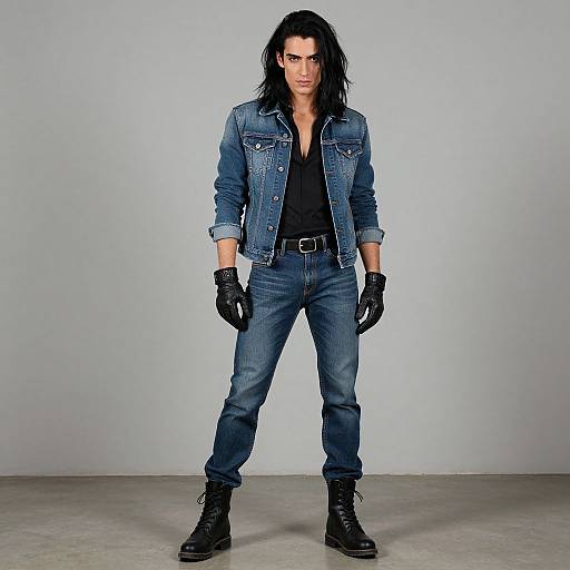 Photograph of a tall, dark-haired man in a blue denim jacket, black shirt, jeans, black gloves, and boots, standing confidently against a