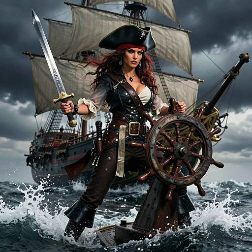 Fierce Pirate Woman on Stormy Seas