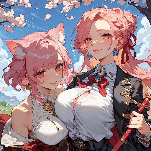 Two Anime Girls with Pink Hair and Cat Ears under Cherry Blossoms