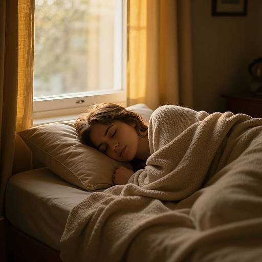 Photograph of a young woman with brown hair sleeping on a window seat, wrapped in a beige knit blanket, bathed in warm sunlight. Yellow curtains
