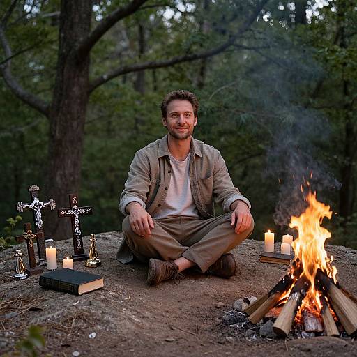 Photograph of a smiling man with short brown hair and beard, sitting cross-legged by a campfire, surrounded by candles and crosses in a forest.