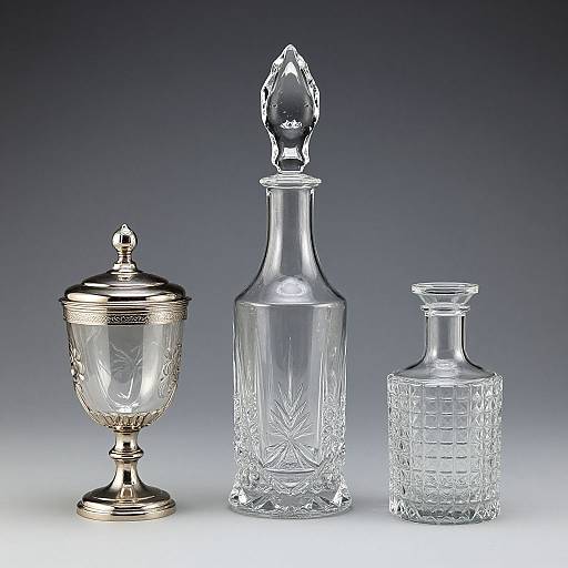 Photograph of three clear, ornate glass decanters with intricate designs against a gradient blue-gray background, featuring a large goblet, tall bottle
