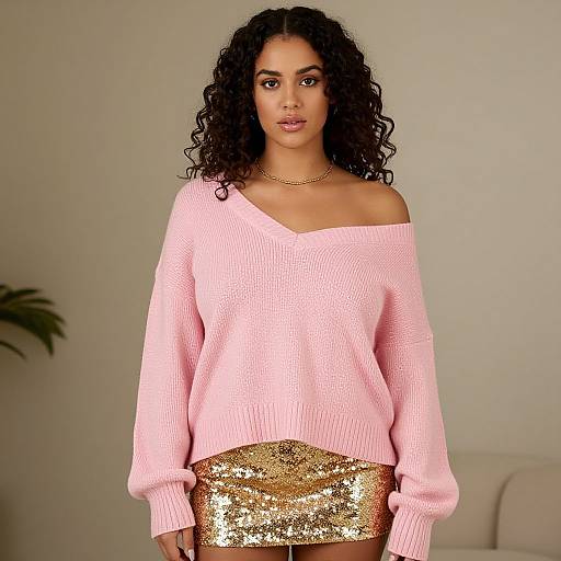 Photograph of a curly-haired woman with medium brown skin wearing a pink off-shoulder knit sweater and gold sequin skirt, standing against a neutral