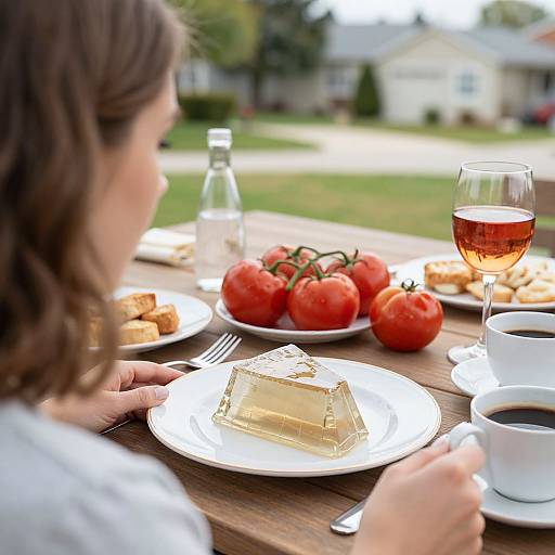 Photograph of a woman eating a slice of cheesecake at an outdoor wooden table with tomatoes, bread, wine, and coffee.