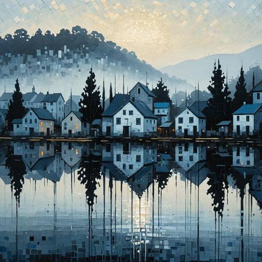 Abstract Lakeside Village Oil Painting at Dawn