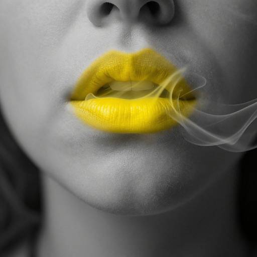 Close-up photograph of a gray-skinned face with vivid yellow lipstick, exhaling a wisp of smoke, highlighting the contrast between the bright lip color
