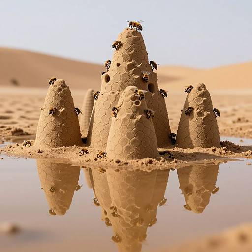 Photograph of sandcastle-like structures in a desert, with small ants climbing their hexagonal-textured surfaces, reflected in a shallow puddle.
