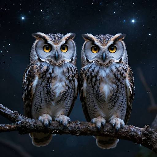 Photograph of two identical great horned owls with bright yellow eyes, perched on a branch against a starry night sky.