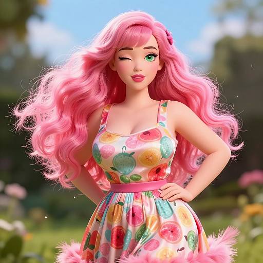 Digital illustration of a cute, pink-haired doll with green eyes, wearing a floral dress with pink fur trim, winking in a sunny garden.