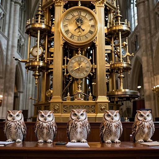Photograph of three detailed, brown and white owl sculptures standing in front of an elaborate, golden, multi-clock church clock inside a Gothic cathedral.