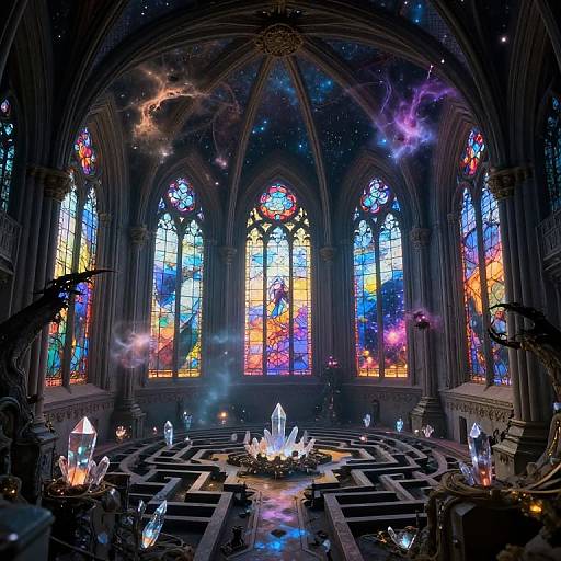 Photograph of a Gothic cathedral interior with vibrant, multi-colored stained glass windows, a glowing crystal fountain, and ethereal, starry night sky-like