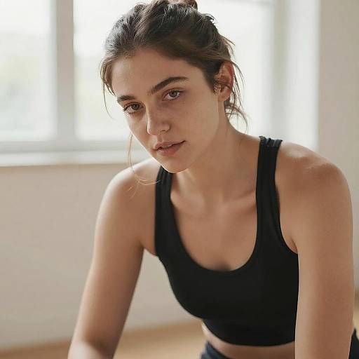Photograph of a young woman with fair skin and dark brown hair in a ponytail, wearing a black sports bra, looking intently at the camera