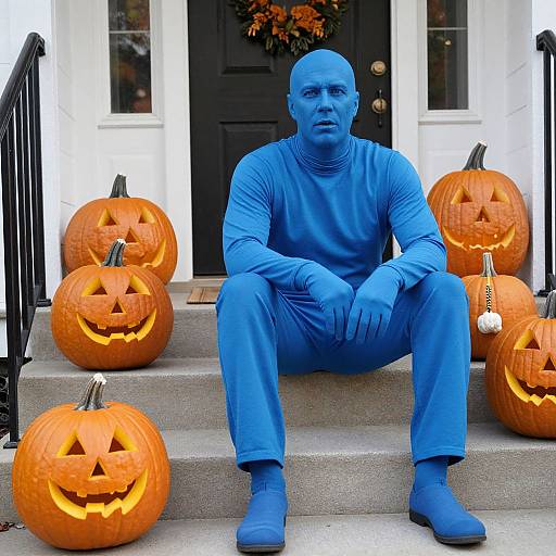 Photograph of a blue-clad man sitting on steps, flanked by four carved jack-o'-lanterns, in front of a black door