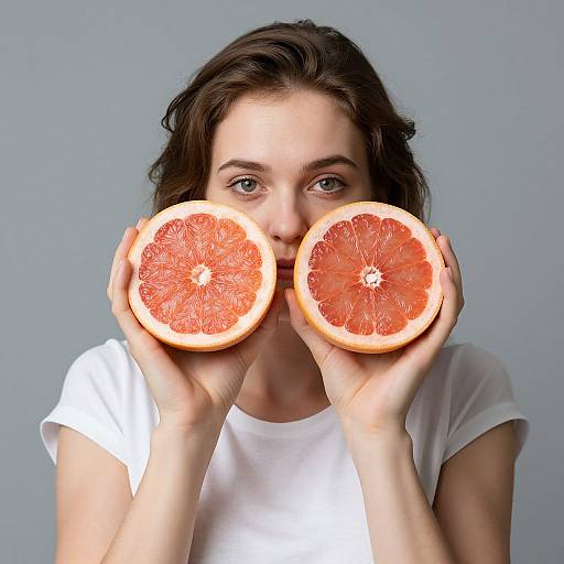 Young woman with brown hair, wearing a white shirt, holding two halves of a vibrant red grapefruit in front of her face. Photograph.
