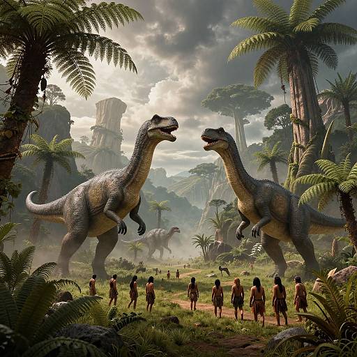 Prehistoric Dinosaurs in Misty Valley with Primitive Tribe