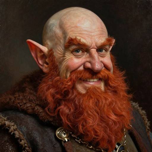 Photorealistic digital portrait of a bald, elderly, red-bearded elf with pointed ears, smiling, wearing a fur-collared dark robe and