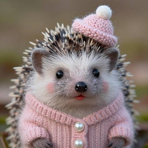 Adorable hedgehog in a pink knitted sweater and matching hat with a white pom-pom, smiling with rosy cheeks. Photograph.