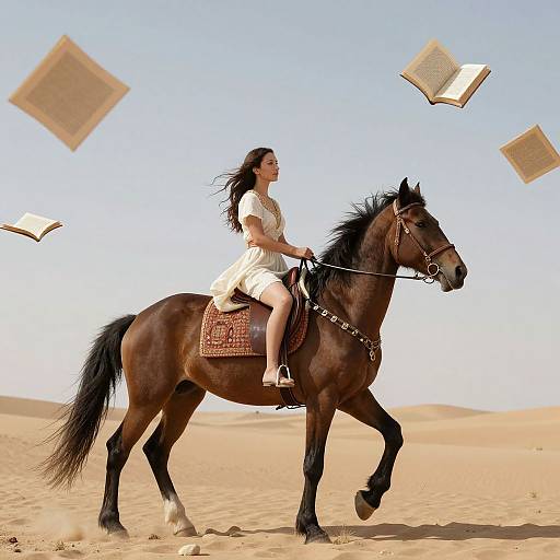 Photograph of a woman with long dark hair riding a brown horse in a desert, with floating open books in the sky.