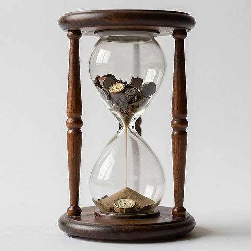 Photograph of a wooden hourglass with clear glass bulbs, containing metal gears, against a white background.